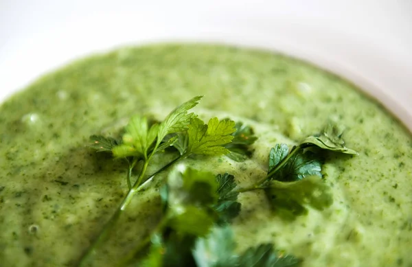 Close-up Sopa de espinafre cremosa saborosa temperada com salsa fresca — Fotografia de Stock
