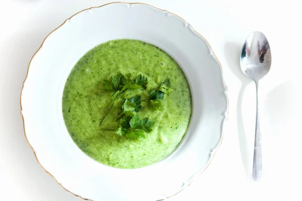 Sopa de espinafre cremosa saborosa temperada com salsa fresca — Fotografia de Stock