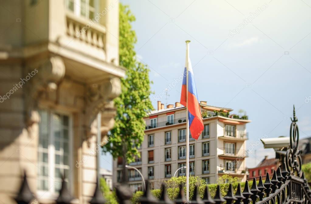 Russian consulate embassy with waving flag