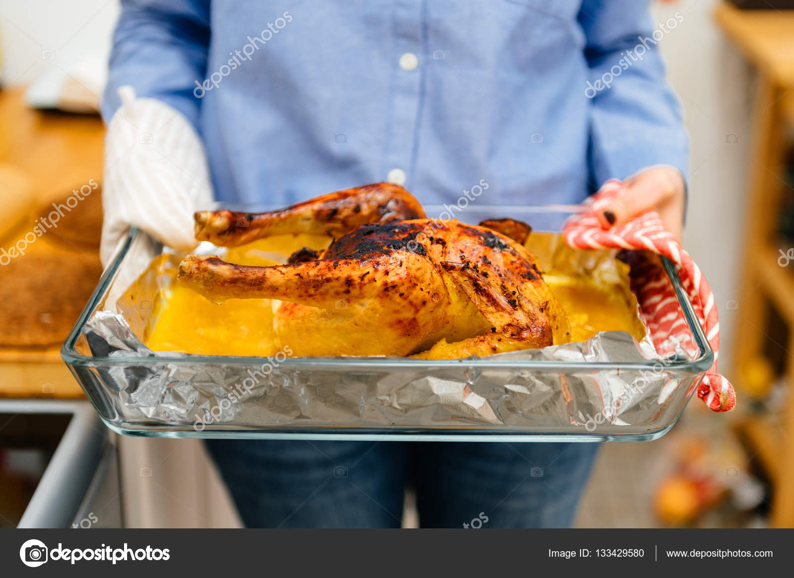 Woman Holding Roast Chicken Directly Oven Made Special Swedish Recipe