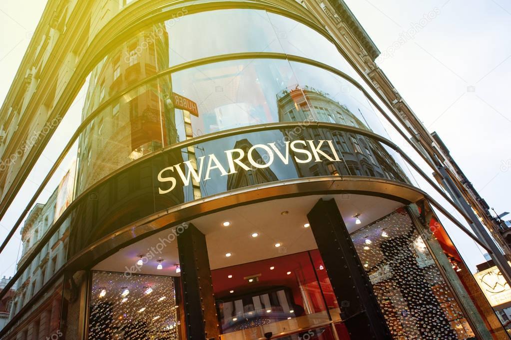 VIENNA, AUSTRIA - JULY 47, 2011: Close-up of the Swarovsky logo on the frontage of the Swarovsky Jewlery store at the Graben shopping street in Vienna, Austria. The company is split into two major industry areas, the Swarovski Kristall business unit