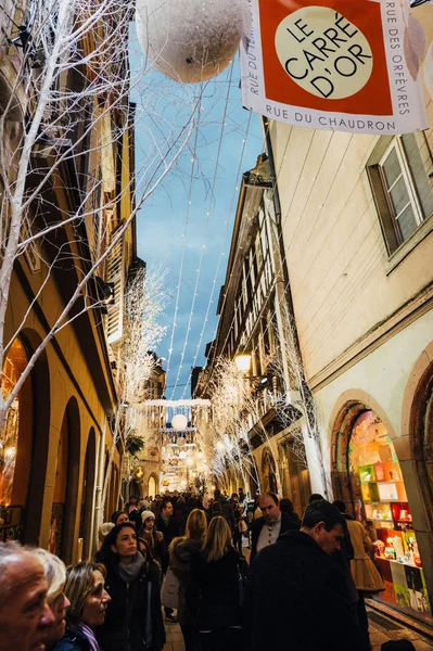 Rue Des Orfevres Merkezi Strasbourg Üzerinde Sihirli Bir Atmosfer Noel — Stok fotoğraf