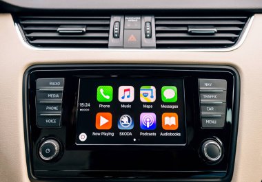 Apple CarPlay main screen of iPhone in car dashboard clipart