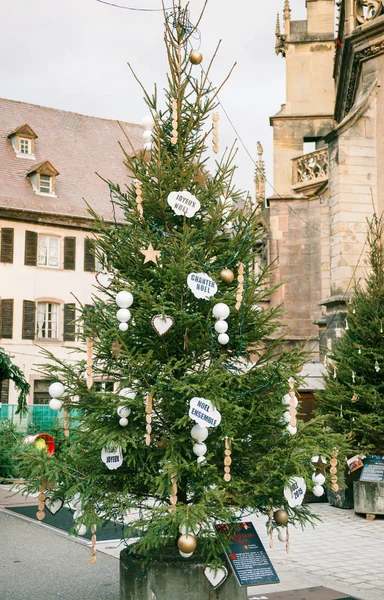 전나무 나무에 프랑스어 언어에서 크리스마스 소원 — 스톡 사진