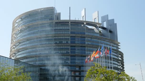 Bandeiras acenando em frente ao Parlamento Europeu — Vídeo de Stock