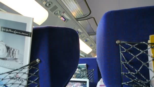 Close View Blue Train Chairs Concept Travelling Train — Stock Video