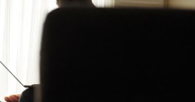 Laptop evde modern ortamında çalışma--dan ev, teleworking, serbest meslek - lüks modern koltukta oturan - çalışan kadın