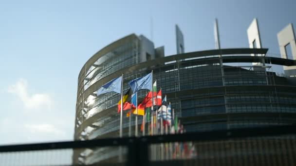 Bandeiras acenando em frente ao Parlamento Europeu — Vídeo de Stock