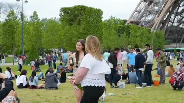 Pessoas Que Descansam Prado Perto Torre Eiffel Paris França Videoclipe