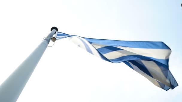 Grekland flaggan i fron av Europaparlamentets byggnad — Stockvideo