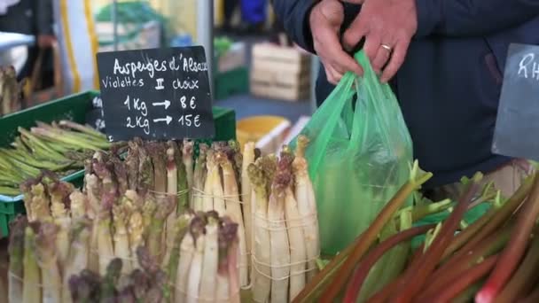 男性とフランス市場の雰囲気は シニア女性に新鮮な農場有機アスパラガスを販売しています おいしいバイオ食品の価格を提案 新鮮なアスペレスD Alspaceのバイオレット8ユーロ500グラムの費用 — ストック動画