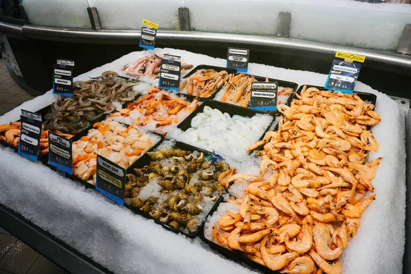 Supermarket stall with seafood