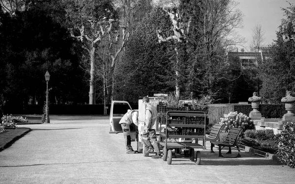 Gardeners workers in park near electriv van with trailer — Stock Photo, Image