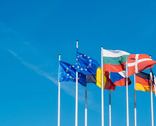 Blue sky European Union Flag fly at half mast after Manchester t — Stock Photo, Image