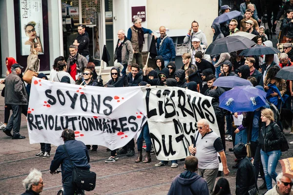 Marche politique lors d'une journée nationale française contre Macrow la — Photo