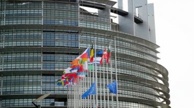 Bayraklar yarıya Avrupa Parlamentosu önünde 
