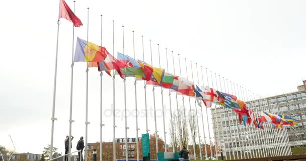 Banderas de la Unión Europea a media asta por el Parlamento — Vídeos de Stock