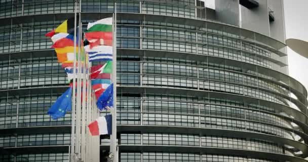 Флаги на полумачте перед Европейским парламентом — стоковое видео