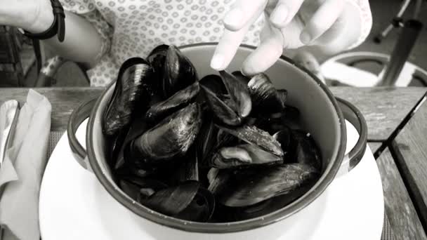 Woman eating sea mussels — Stock Video