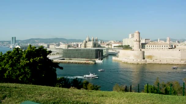 Luchtfoto Van Het Drukke Scheepvaartverkeer Marseille Frankrijk Met Vieux Port — Stockvideo