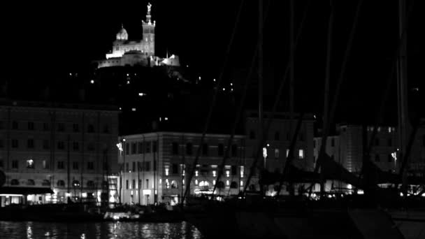 Majestátní Katedrály Notre Dame Garde Osvětlené Noci Přístavu Marseille Luxusní — Stock video