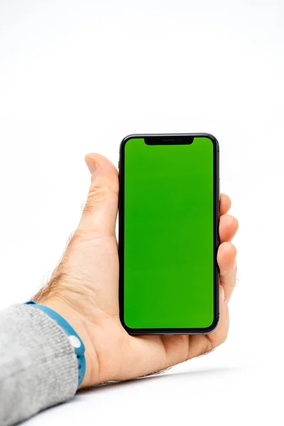 새로운 애플 아이폰 X 10 스마트폰 녹색 크로마 키 배경 — 스톡 사진