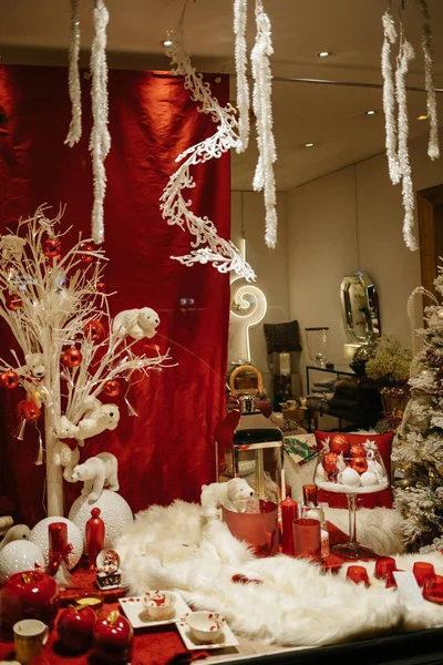 Christmas decorations in store window showcase