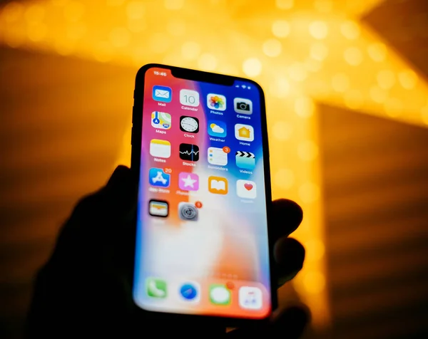 Paris France Nov 2017 Man Holding New Apple Iphone Display — Stock Photo, Image