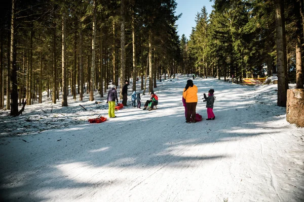 Faire du traîneau sur la piste de luge par une journée ensoleillée d'hiver — Photo