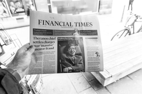 Financial Times, Newspaper about Stephen Hawking Death on the fi
