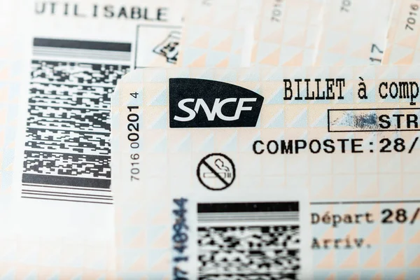 Stack of multiple SNCF train tickets seen from above — Stock Photo, Image