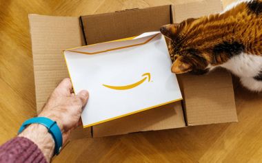 Adam unboxing Amazon.com karton bir sürpriz zarf içeren