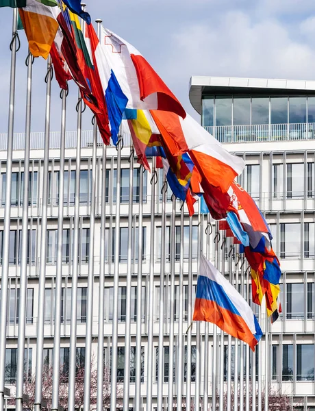 All Eu Flags with Flag of Russia flying half-mast