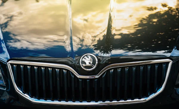 Strasbourg França Jun 2015 Vista Frontal Novo Carro Azul Skoda — Fotografia de Stock