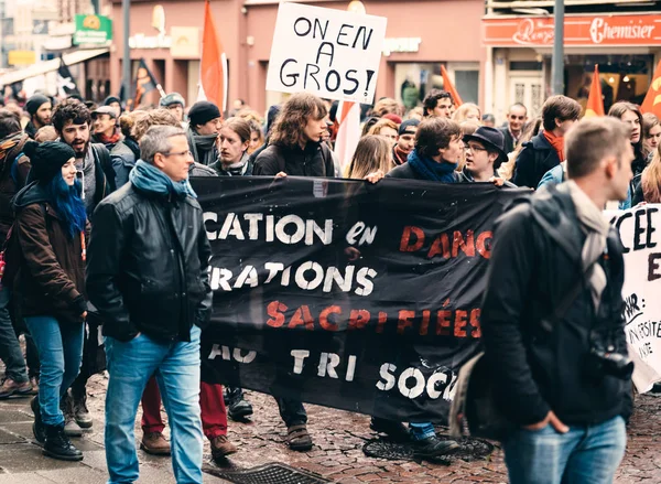 Placard people Protest Macron French government string of reform — Stock Photo, Image