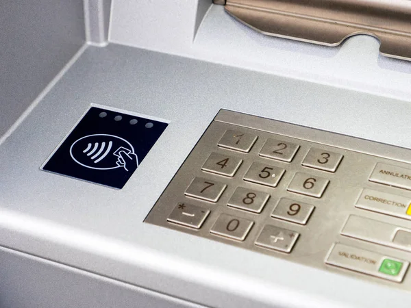 New modern ATM automattic teller machine with contactless sign — Stock Photo, Image
