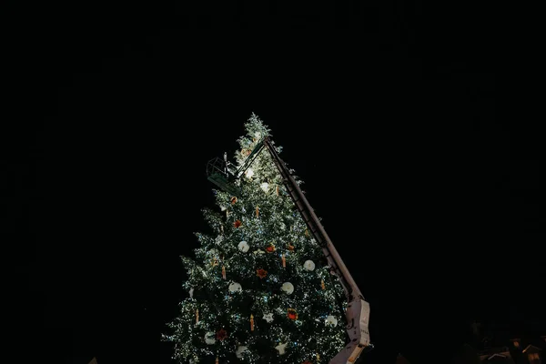 Plate-forme gigantesque réglage de la grue décorant le grand sapin — Photo