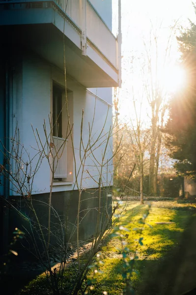 View of French apartment building in the morning