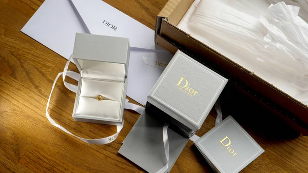 Packaging after unboxing of Dior fine jewelry — Stock Photo, Image