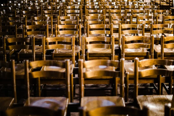 Front view of multiple church seats in a row perspective view — Stock Photo, Image