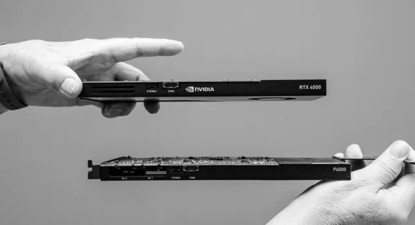Les mains de l'homme comparant la dernière carte vidéo professionnelle Nvidia Quadro GPU RTX 4000 Avec P4000 — Photo
