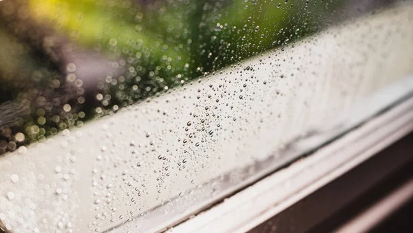 Makro detal przestarzałego starego okna z kroplami deszczu na zewnątrz i zdekoncentrowany drzewa — Zdjęcie stockowe