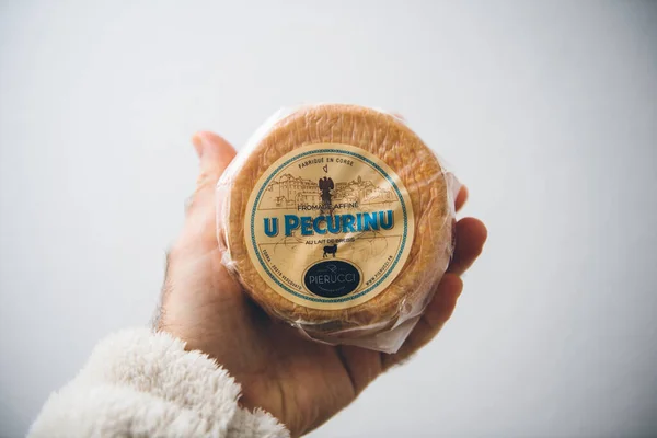 Man hand holding against white background delicious U Pecurino traditional corsican cheese manufactured by Pierucci — Stock Photo, Image