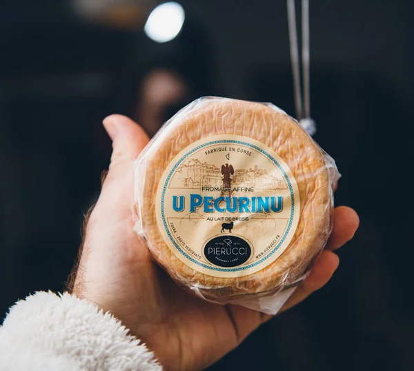 Man hand holding delicious U Pecurino traditional corsican cheese manufactured by Pierucci — Stock Photo, Image
