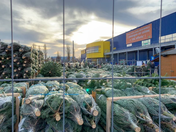 View through fence of parking of IKEA furniture shop with people silhouettes shopping for Swedish Bio organic Christmas fir trees — 스톡 사진