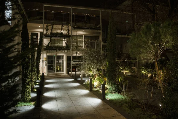 Main entrance illuminated with christmas lights of Villa La Florangerie hotel former Villa Novarina in Orangerie Strasbourg — Stock Photo, Image