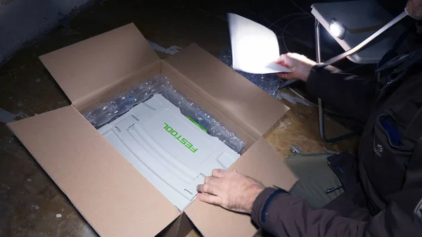 Strasbourg France Mar 2020 Overhead View Worker Male Unboxing Parcel — Stock Photo, Image