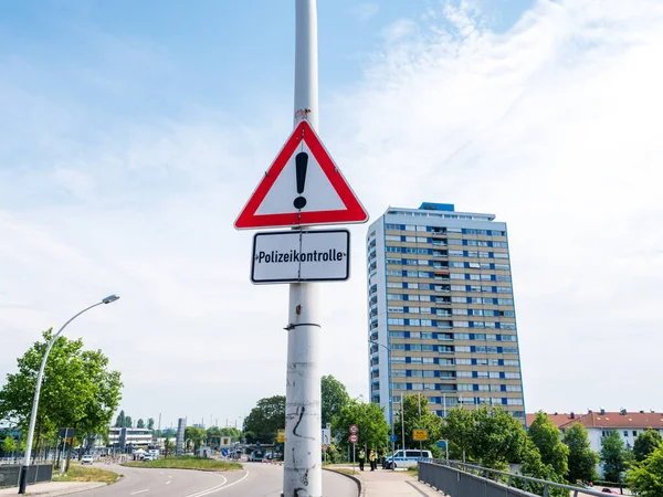 Polizeikontrolle sign Squadron of Male Female polizei police officers with protections — Stock Photo, Image