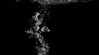 Gerçek gazoz baloncuklarının bulanık görüntüleri siyah arka planda yüzüyor ve sıçrıyor. Bu da karbonhidratlı içeceğin ya da köpüklü suyun tazeliğini temsil ediyor ve 3 boyutlu olmayan gerçekçi sudan fışkırıyor. 