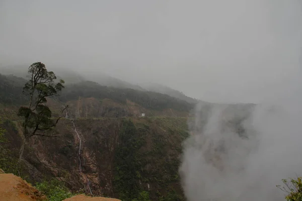 Niebla Desfiladero Montaña Con Árboles Cascadas — Foto de Stock